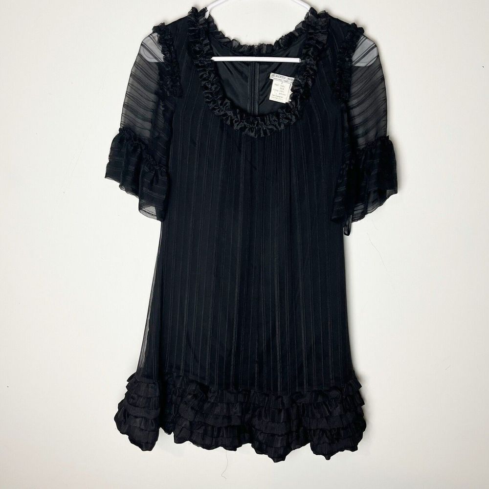 Alberto Makali Size 2 Shift Mini Dress Black Silk Ruffled‎ Puff Sleeves​​​​